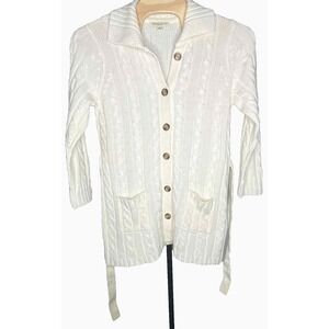 Vintage Women's Cardigan belted Plus Size 2x Ivory Button Down Chunky Cable Knit